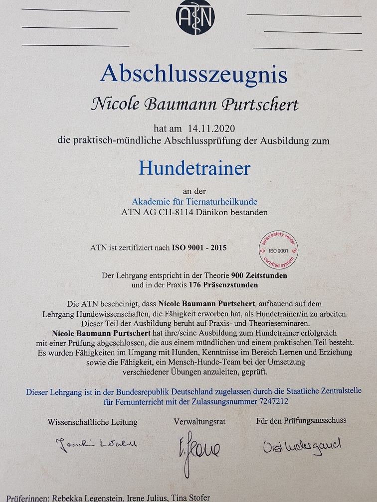 Zeugnis ATN Hundetrainer